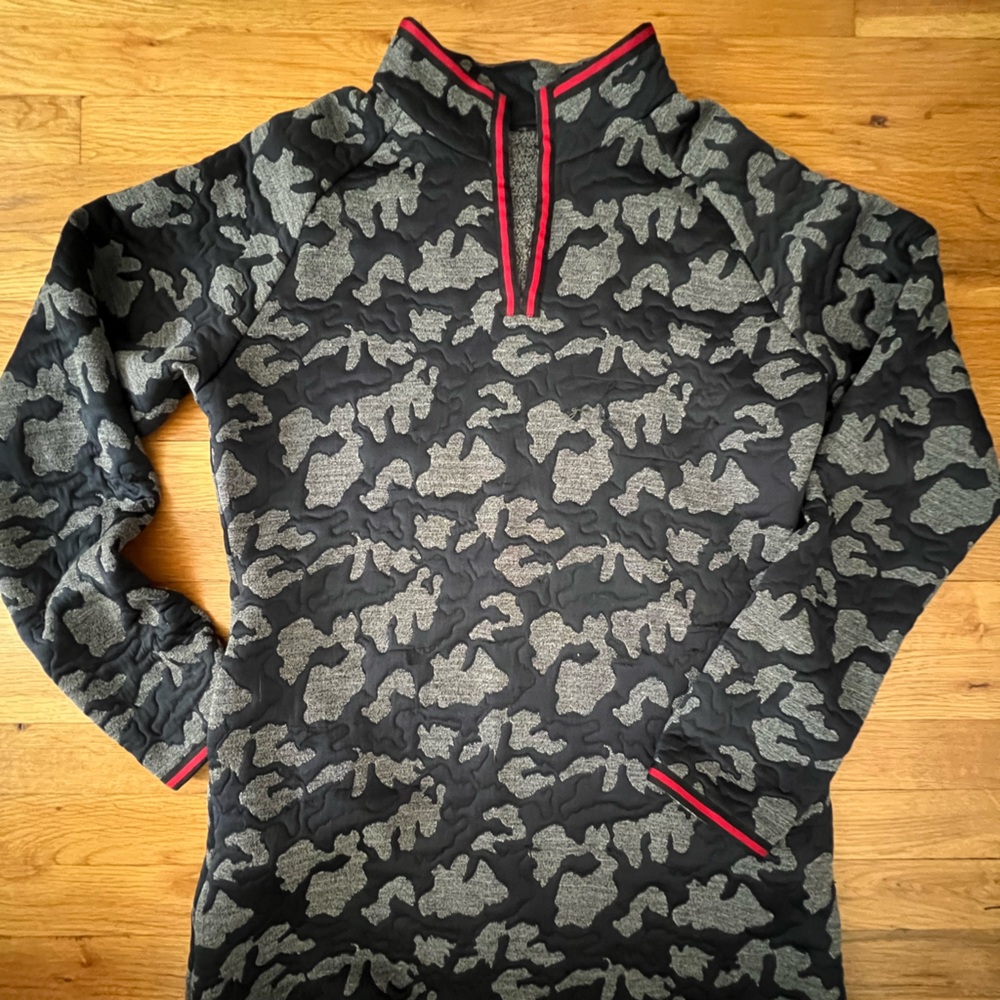 Women’s custom pull over w mandarin collar - denim detail / red accents …